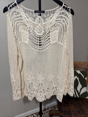 YouAreNotAlone Ivory Crochet Open Knit Boho Sweater Cover Up Size Medium